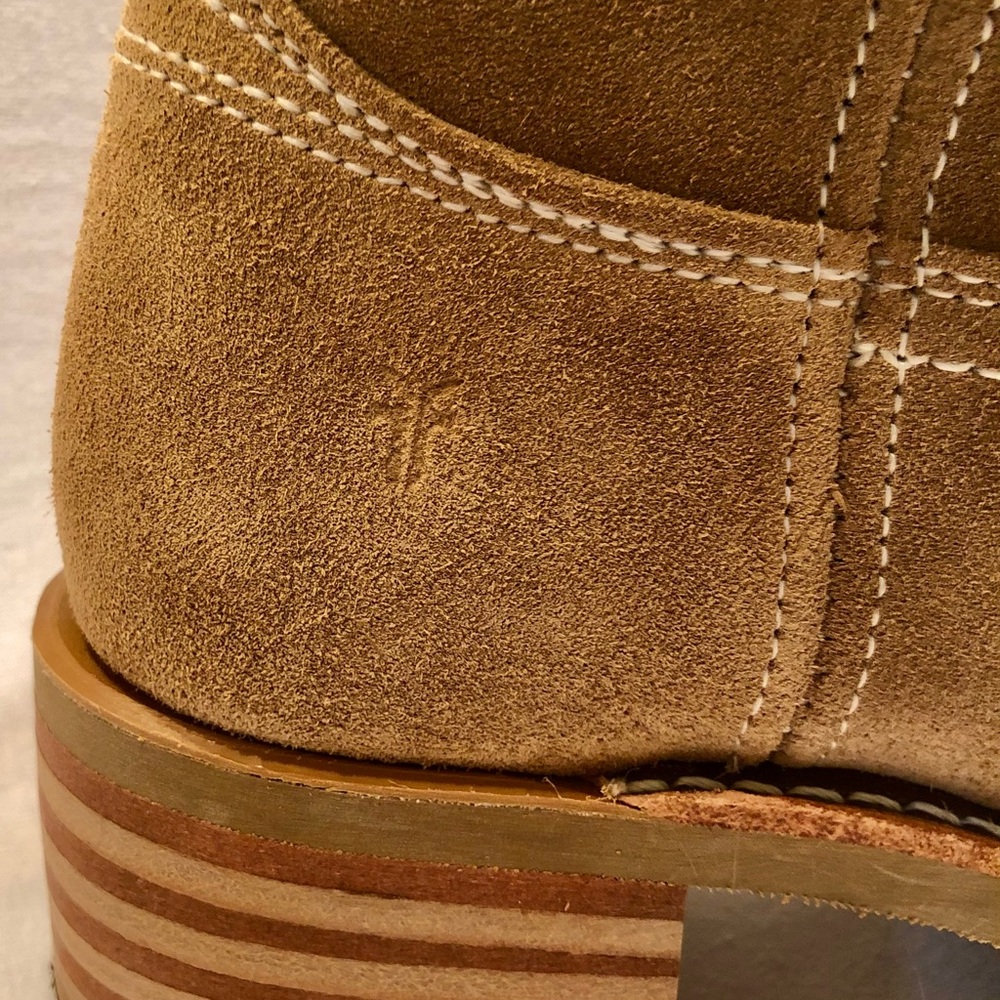 FRYE CAMPUS 12R Tan Mid Calf Suede Leather Boots Stacked wood heel Round toe 6.5 - Picture 9 of 15